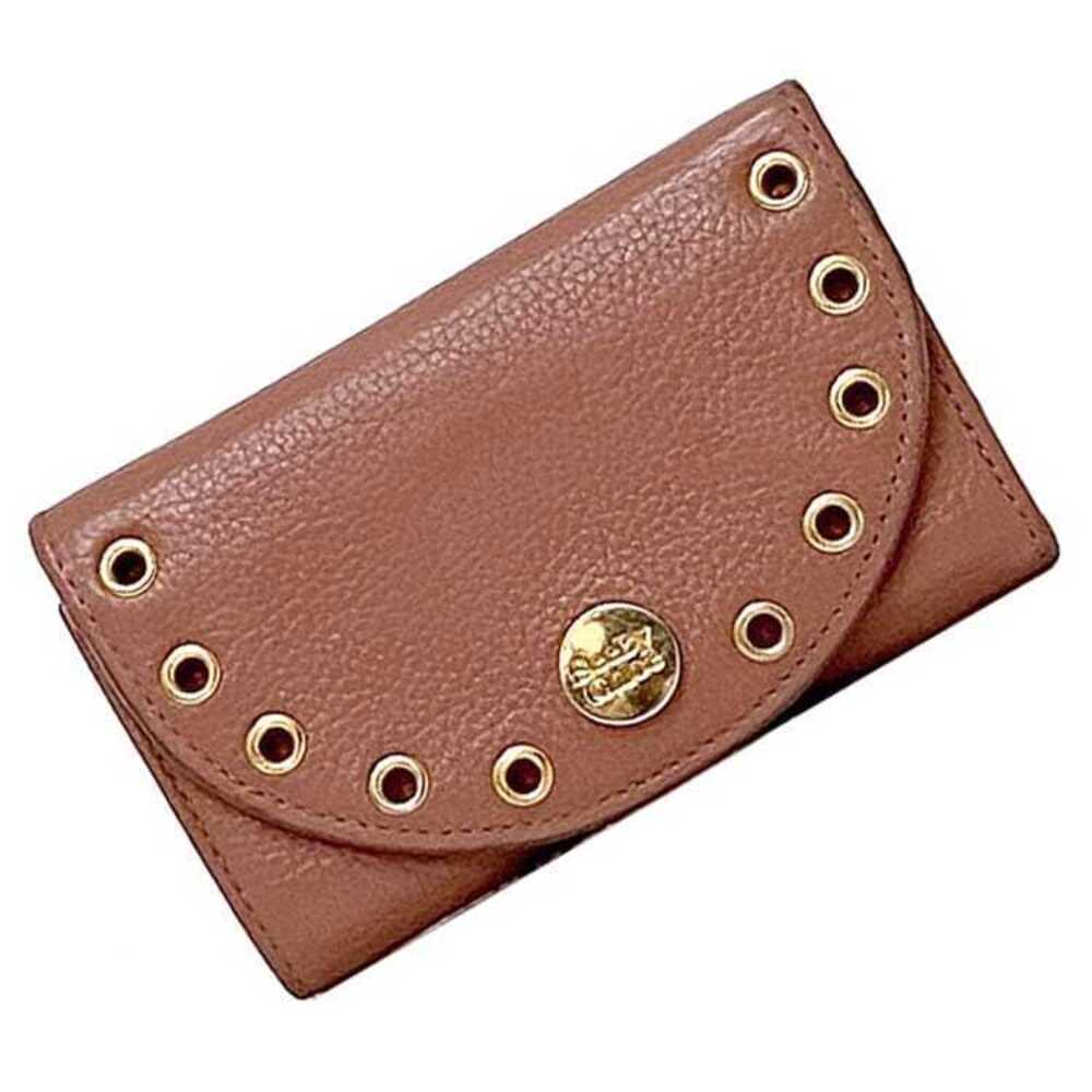 Chloe Trifold Wallet Compact Leather Stud Ring Snap Closure Folding Plate Pink